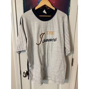 The Isaacs Graphic T Shirt Mens Gray Navy Pinstripe Sleeve  gospel band